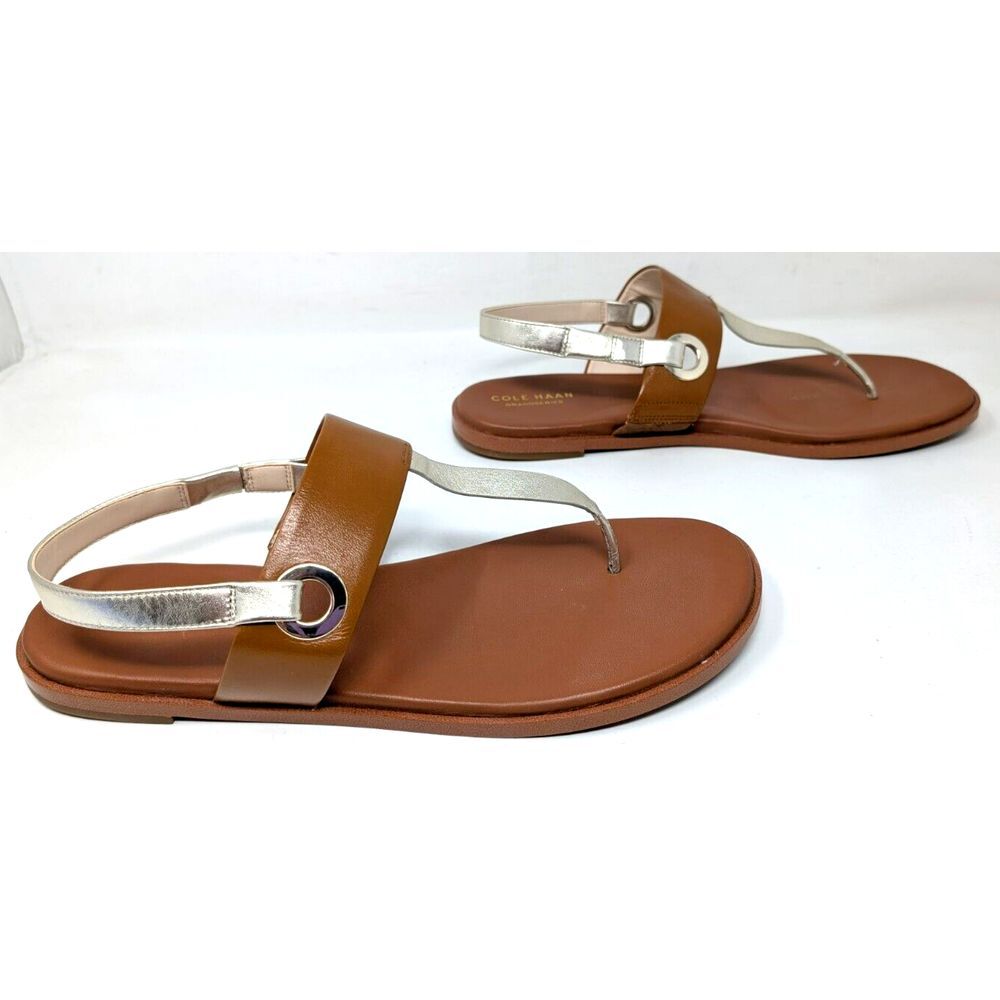 Cole Hann Brown and Silver Leather T-Strap Sandals
